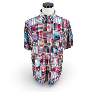 Castaway Nantucket Island Mens Large Patchwork Madras Plaid Short Sleeve Shirt